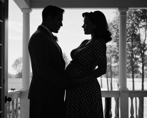 Silhouette of a couple in doorway with baby bump