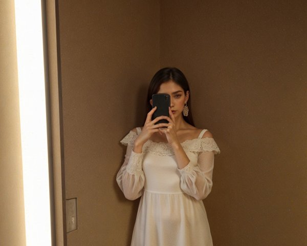 Woman in lace dress captures reflection in mirror