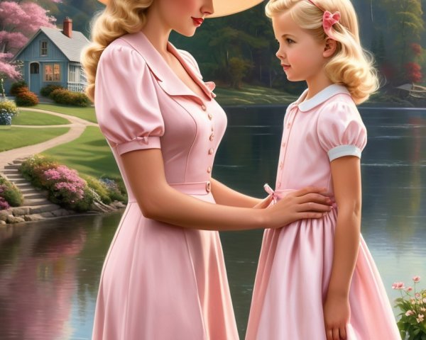 Mother and daughter by a serene lake in pink dresses