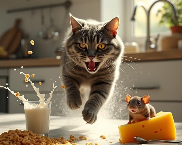 Playful Kitchen Scene with Cat and Mouse Interaction