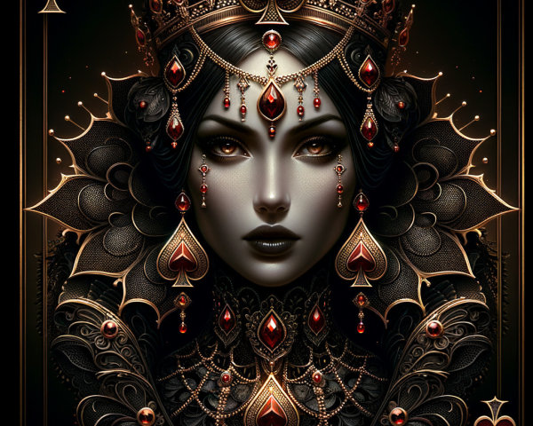 Regal Figure in Black and Gold Attire with Crown