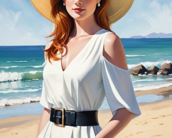 Woman in white dress on sunlit beach setting