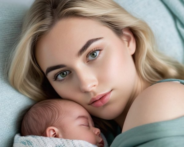 Young mother cradling sleeping baby in serene setting