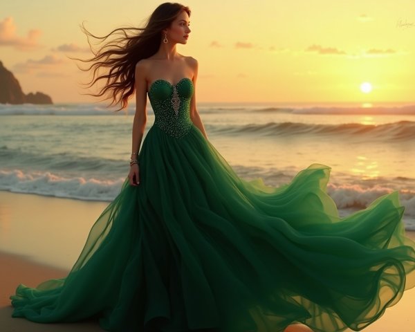 Woman in green gown on beach at sunset with waves