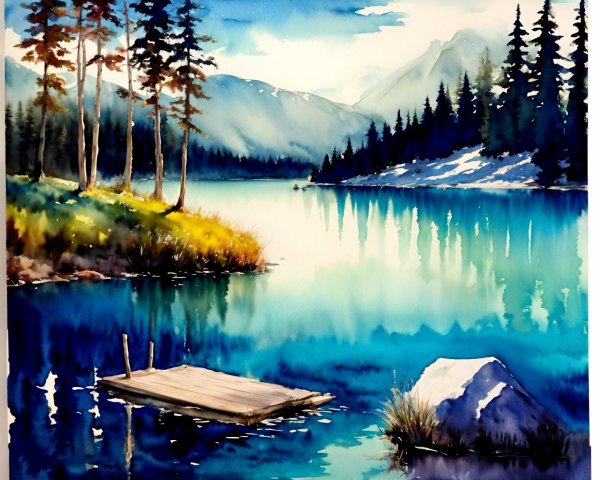 Serene Lakeside Scene with Pine Trees and Mountains