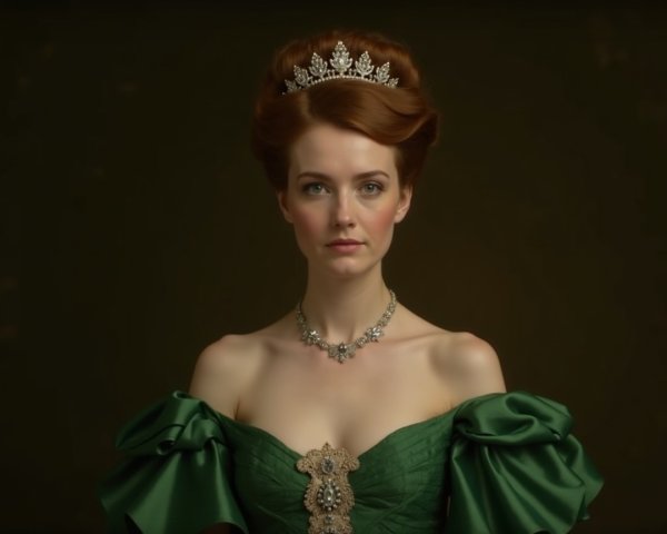 Elegant Woman in Green Gown with Tiara and Necklace