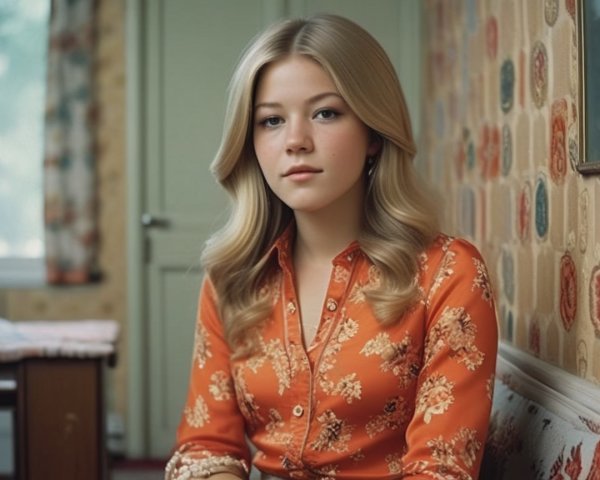 Young Woman in Retro Room with Floral Blouse