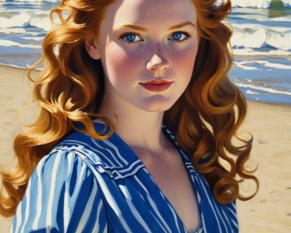 Young woman with red hair on a beach setting