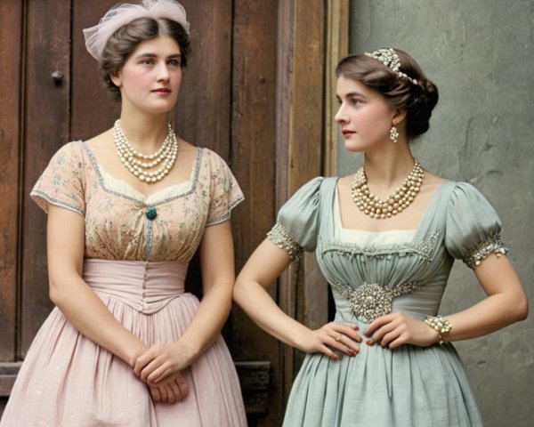 Elegantly Dressed Women in Rustic Setting