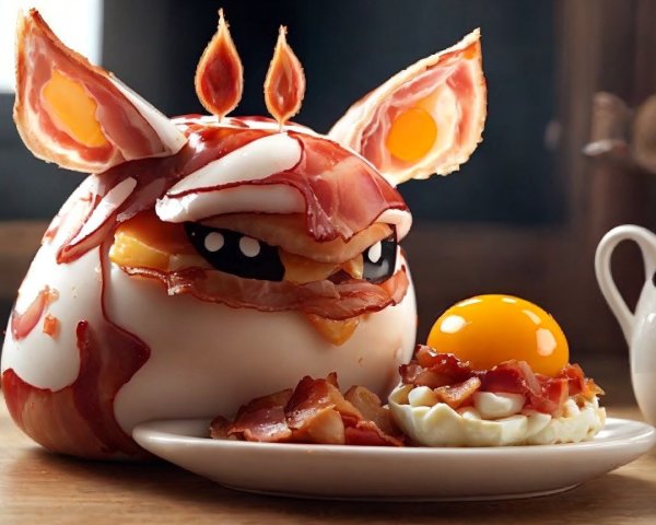 Whimsical Food-Themed Creature Made of Bacon and Eggs