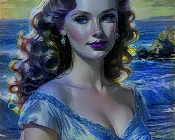 Graceful Woman in Elegant Gown by Serene Seascape