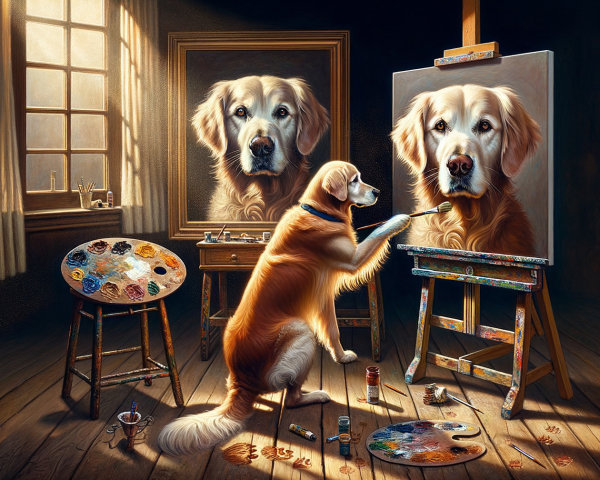 Golden Retriever Painting Its Own Portrait in Studio