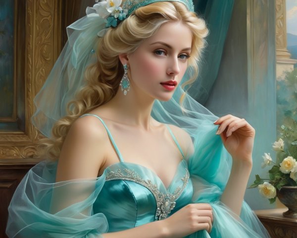 Elegant Woman in Turquoise Gown with Floral Backdrop