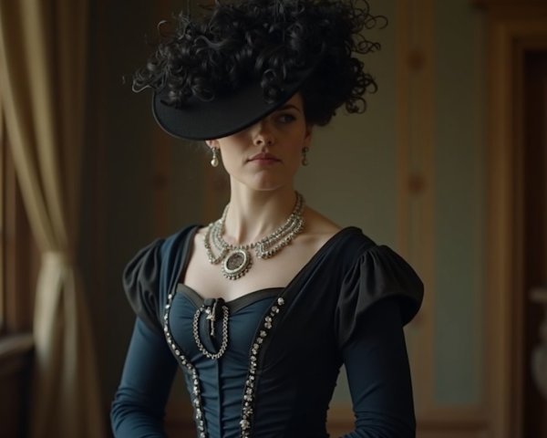 Elegant Woman in Black Gown with Dramatic Hat