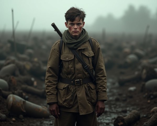 Young soldier in a war-torn landscape with fog