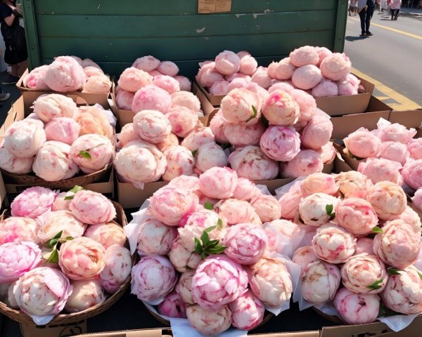 Vibrant Fresh Peonies in Baskets at Flower Market