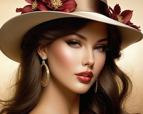 Portrait of a Woman with Brown Hair and Elegant Hat