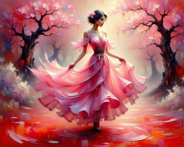Woman in Pink Dress Among Cherry Blossom Trees