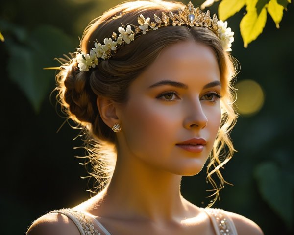 Portrait of a Young Woman with Floral Crown and Tiara