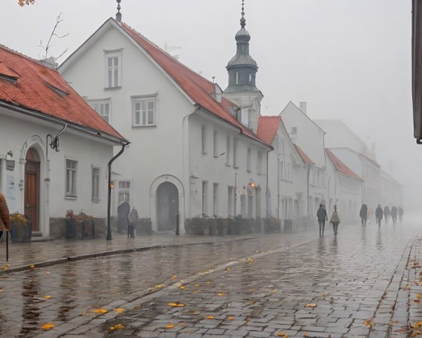 Misty Street Scene with Quaint Buildings and Puddles