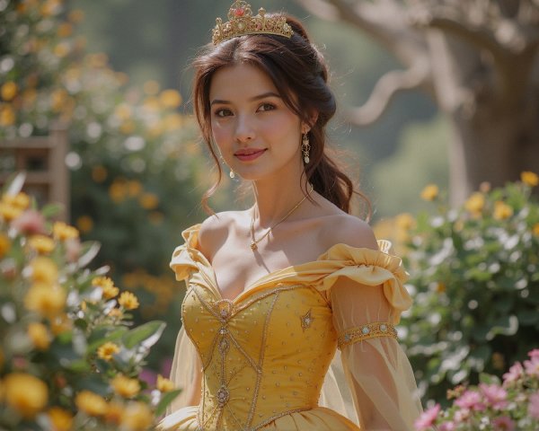 Young woman in yellow gown in vibrant flower garden