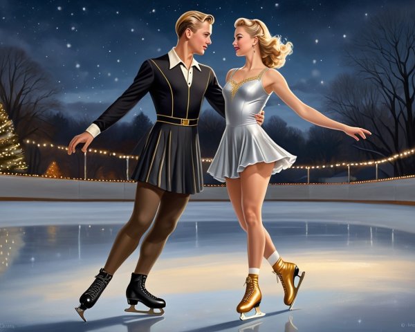 Ice Skaters Performing Under Starlit Sky and Lights
