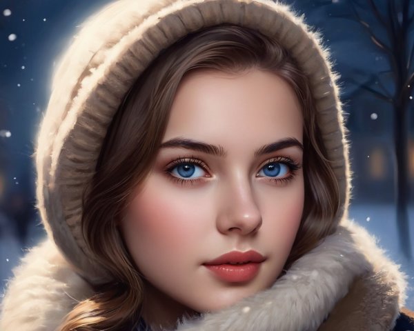 Young woman in winter coat with blue eyes in snow