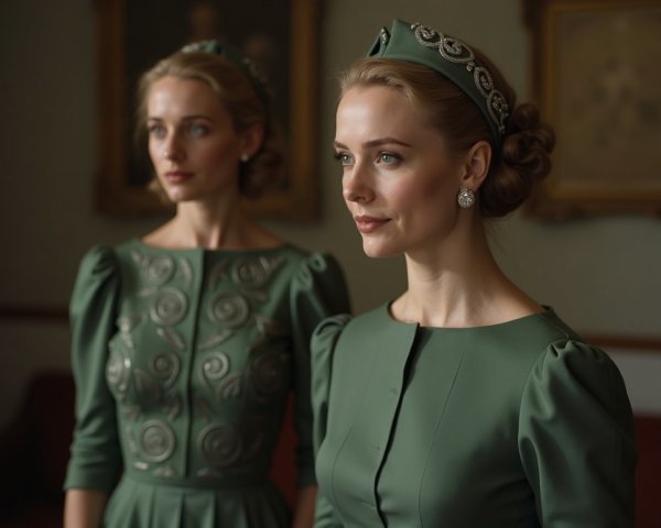 Elegant Women in Matching Green Dresses in Soft Light