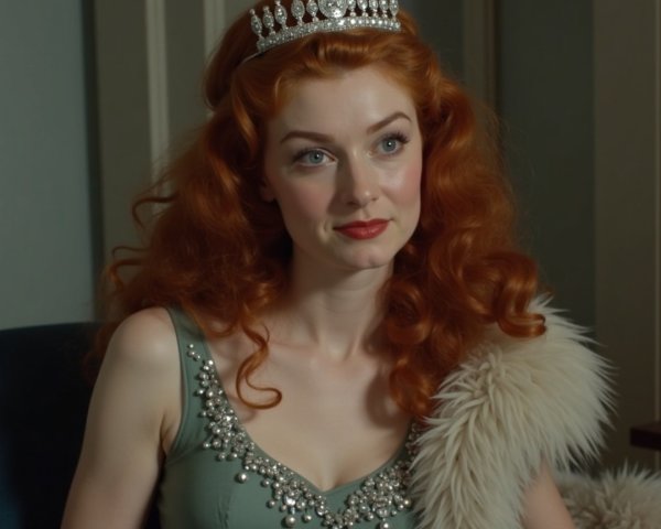 Elegant Woman with Red Curls in Green Dress and Tiara