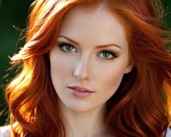 Portrait of a young woman with red hair and green eyes