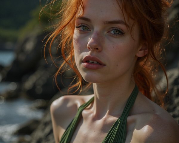 Young Woman with Red Hair at Rocky Shoreline