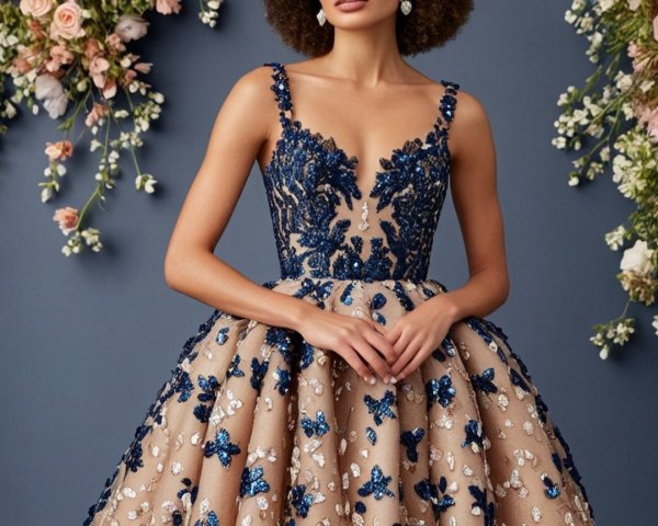 Elegant evening gown with navy beading and floral skirt