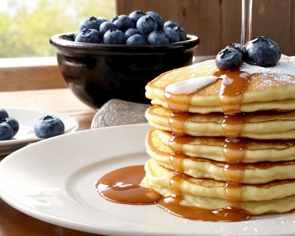 Fluffy Pancakes with Blueberries and Syrup Display
