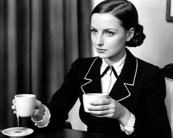 Vintage Elegance: Woman in Black Suit with Cups