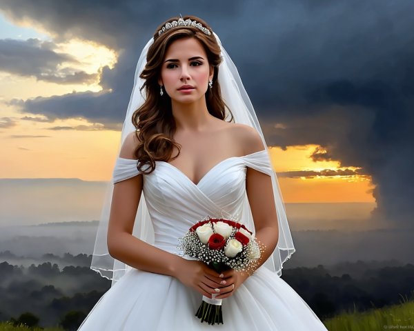 Bride in White Gown Against Sunset and Dark Clouds