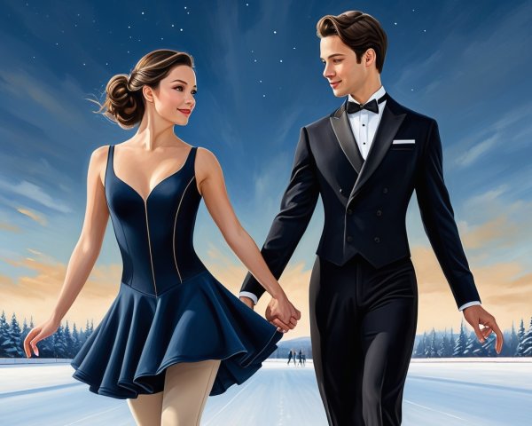 Ice Skating Couple in Serene Winter Landscape