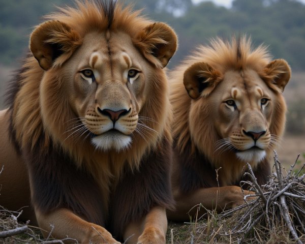 Majestic lions resting in a natural landscape setting