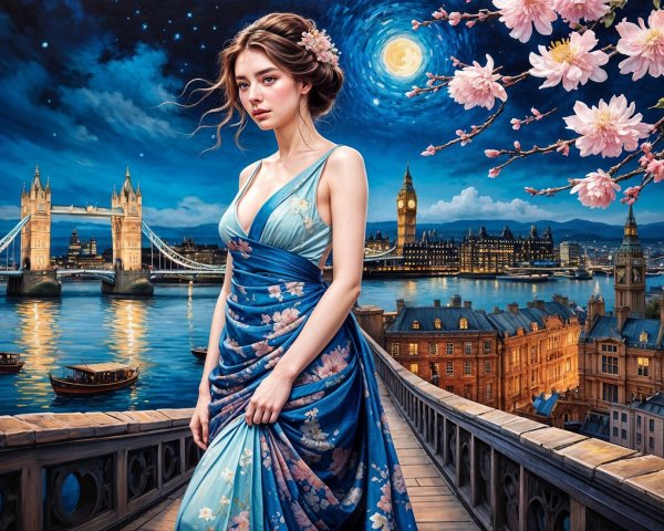 Young Woman in Blue Gown on Bridge with Cherry Blossoms