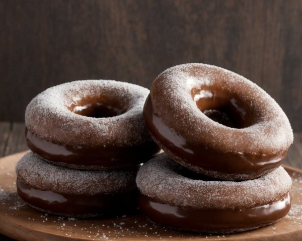 Chocolate-Covered Donuts on Wooden Plate Description