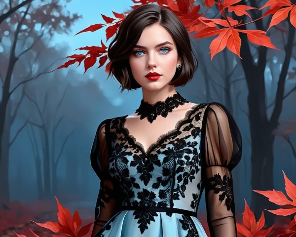 Young Woman in Elegant Dress in Misty Autumn Forest