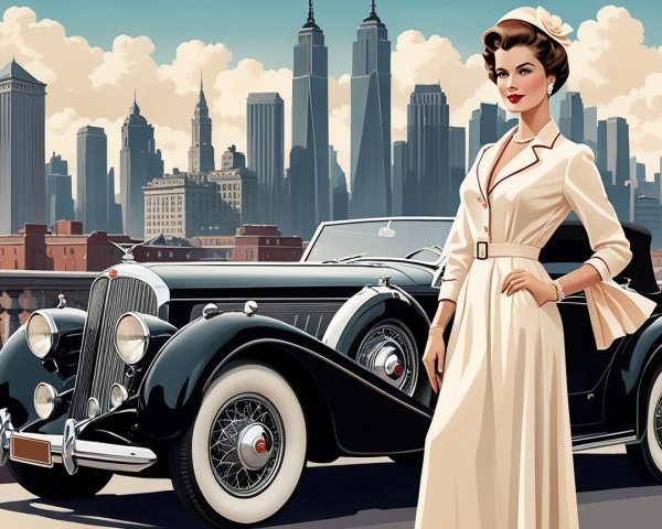Glamorous Woman in Vintage Dress by Classic Car