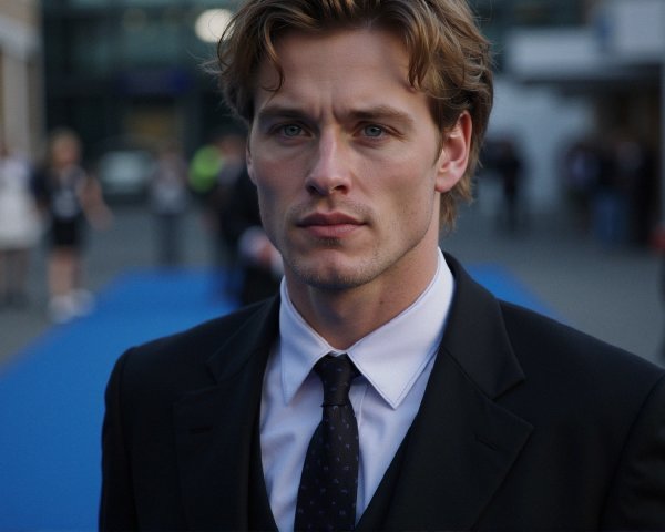 Young man in black suit at outdoor event with blue carpet