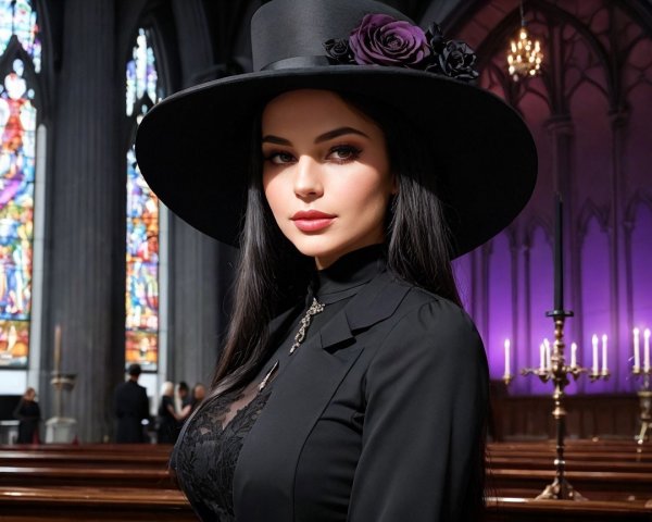 Elegant Woman in Black Attire in Gothic Church Setting