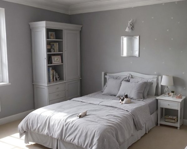 Serene bedroom with gray bedding and cozy decor