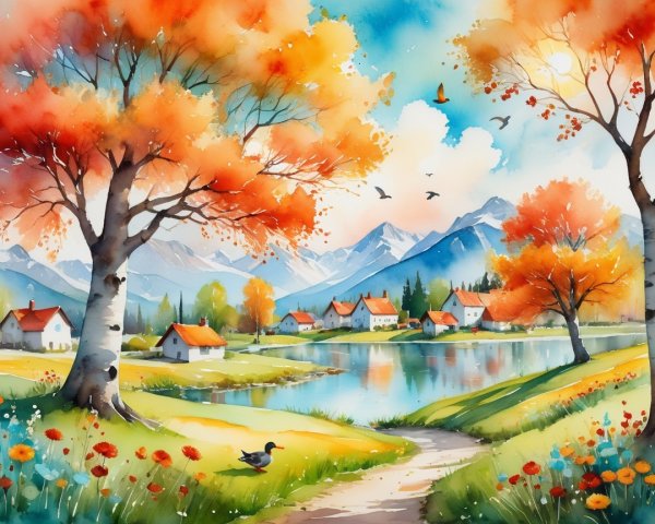 Serene Autumn Landscape with Vibrant Colors and Lake