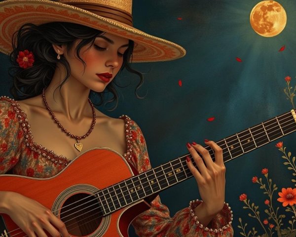 Woman in Floral Blouse Playing Guitar Under Moonlight