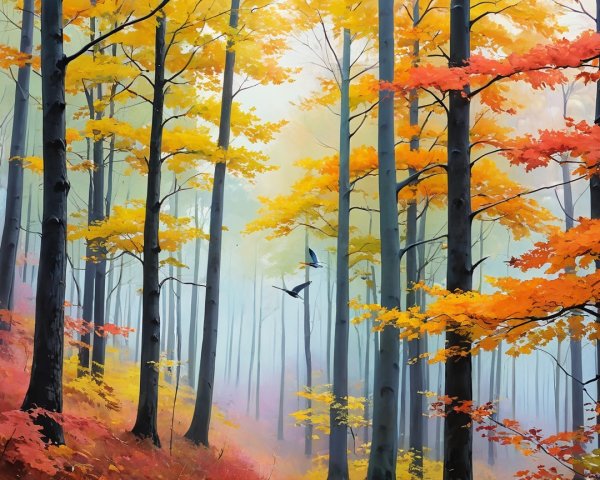 Vibrant Autumn Forest with Mist and Soaring Birds
