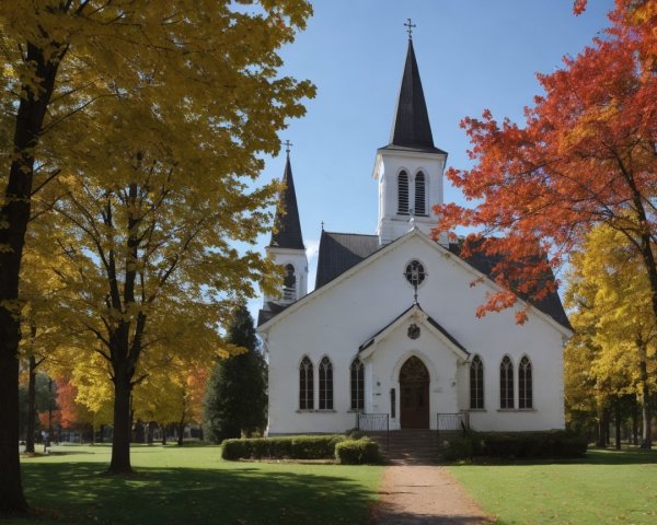 White Church Surrounded by Vibrant Autumn Foliage