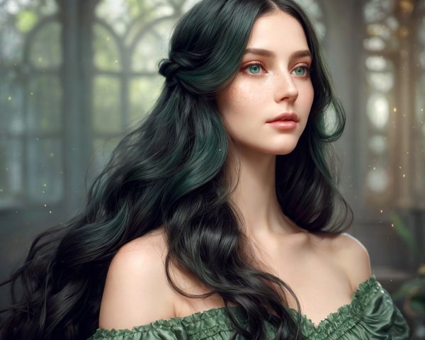Young woman with dark green hair in serene setting