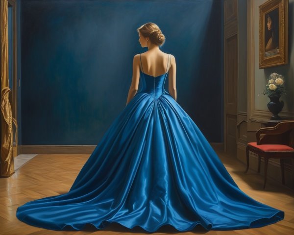 Elegant Woman in Blue Gown in Classical Setting